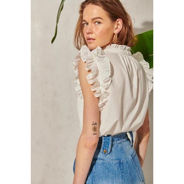 Estella.K エステラケー のラッフルスタンドショルダーBL Rosette Blouse -WHT-COLOR : WHT/BRW/Light PUR 