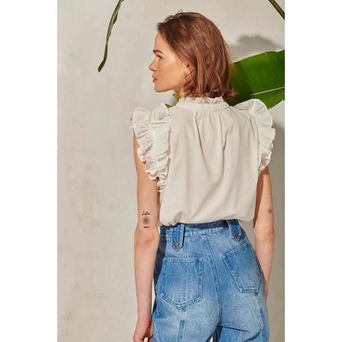 Estella.K エステラケー のラッフルスタンドショルダーBL Rosette Blouse -WHT-COLOR : WHT/BRW/Light PUR 