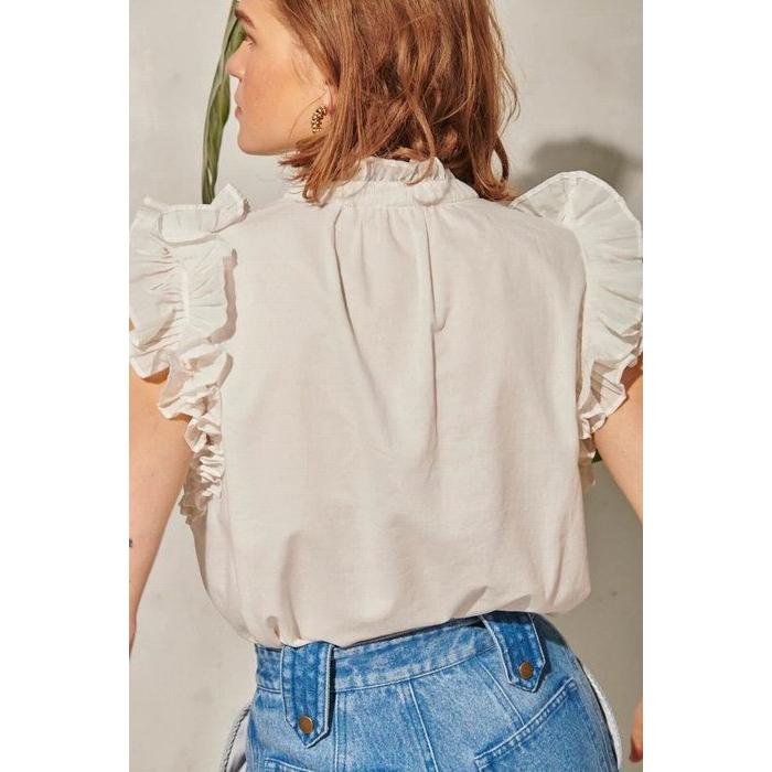 Estella.K エステラケー のラッフルスタンドショルダーBL Rosette Blouse -WHT-COLOR : WHT/BRW/Light PUR 
