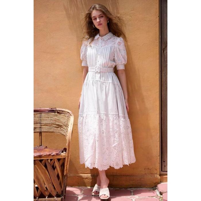 Estella.K エステラケー のIsabel Lace Belted Dressケミカルレーススウィッチングドレス COLOR :WHT/NVY/WHT×blk.st｜mellowtheshop｜04