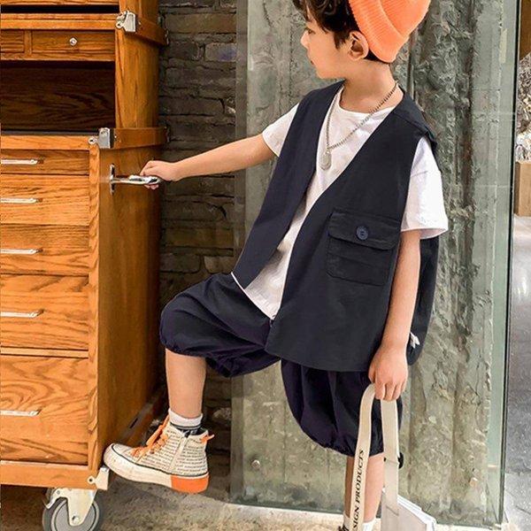 子供服 キッズ 男の子 セットアップ 3点セット トップス ボトムス ベスト Tシャツ 半袖 半ズボン かっこいい 1 130 140 150 夏 お出かけ きれいめ 夏休み