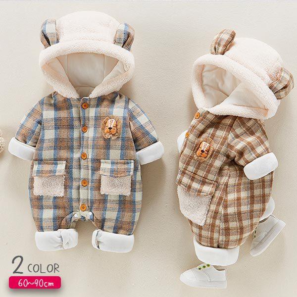 ロンパース 冬 ベビー 大幅にプライスダウン 暖かロンパース 可愛い タータンチェック 着ぐるみ ベビー服 チェック 0歳 耳付きフード ぬくぬく 1歳 2歳 新生児 赤ちゃん 秋 乳幼児