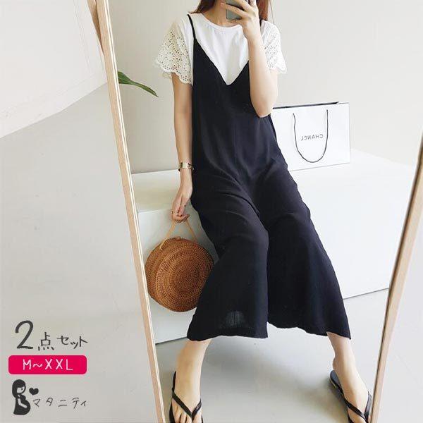 マタニティ 夏服 セットアップ キャミソールワンピース 半袖 インナー セット 重ね着 マタニティウェア キャミワンピ カットソー オフィス 仕事 ミモレ丈 ママ 特別価格