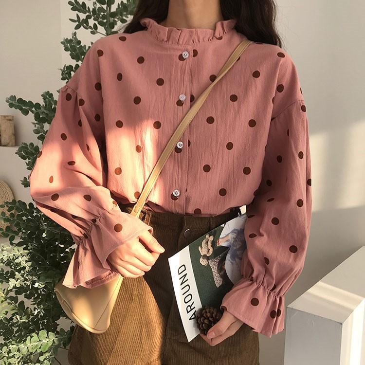短納期」ドット柄シャツ ブラウス ホワイト ピンク 水玉柄