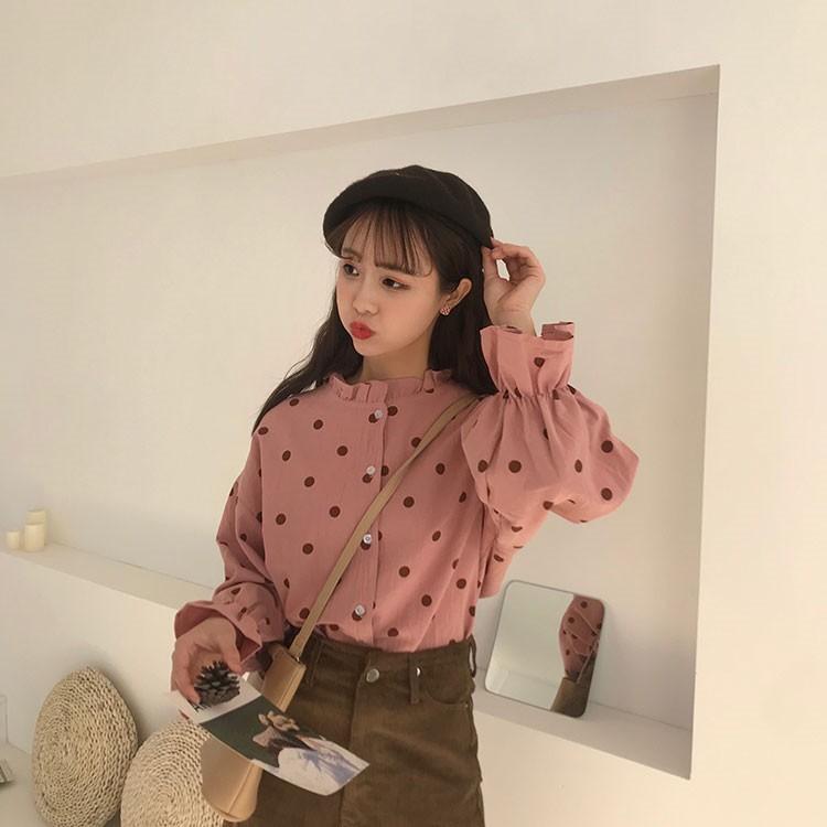 短納期」ドット柄シャツ ブラウス ホワイト ピンク 水玉柄 短納期」ドット柄シャツ ブラウス ホワイト ピンク 水玉柄