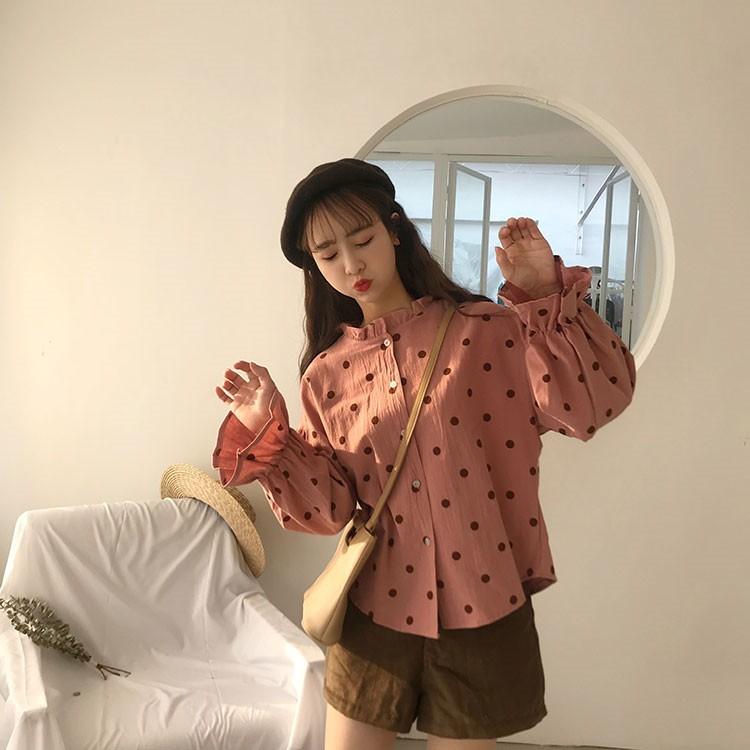 短納期」ドット柄シャツ ブラウス ホワイト ピンク 水玉柄 短納期」ドット柄シャツ ブラウス ホワイト ピンク 水玉柄
