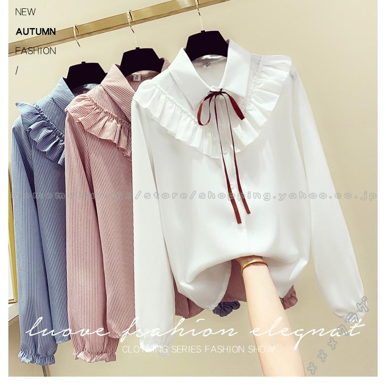 シャツ レディース ブラウス 長袖 リボンフリル トップス 襟付き パフスリーブ 春秋 ストライプ柄 レトロ 大きいサイズ お洒落 ゆったり 可愛い Rage メメメクラゲ 通販 Yahoo ショッピング
