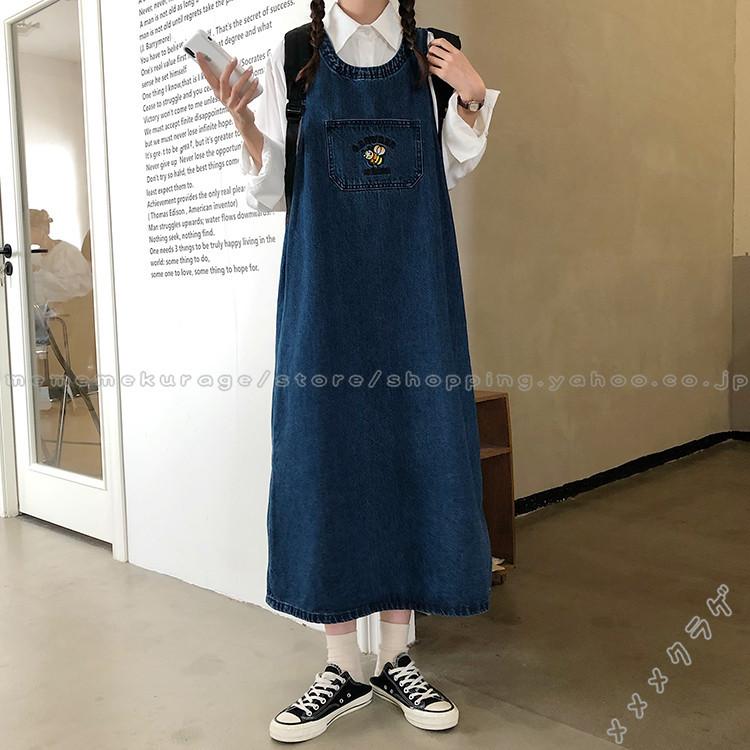 デニムワンピース サロペットスカート ジャンパースカート レディース クルーネック ノースリーブ 刺繍 ゆったり 着痩せ ロングワンピース 学院風 着回し Rage メメメクラゲ 通販 Yahoo ショッピング