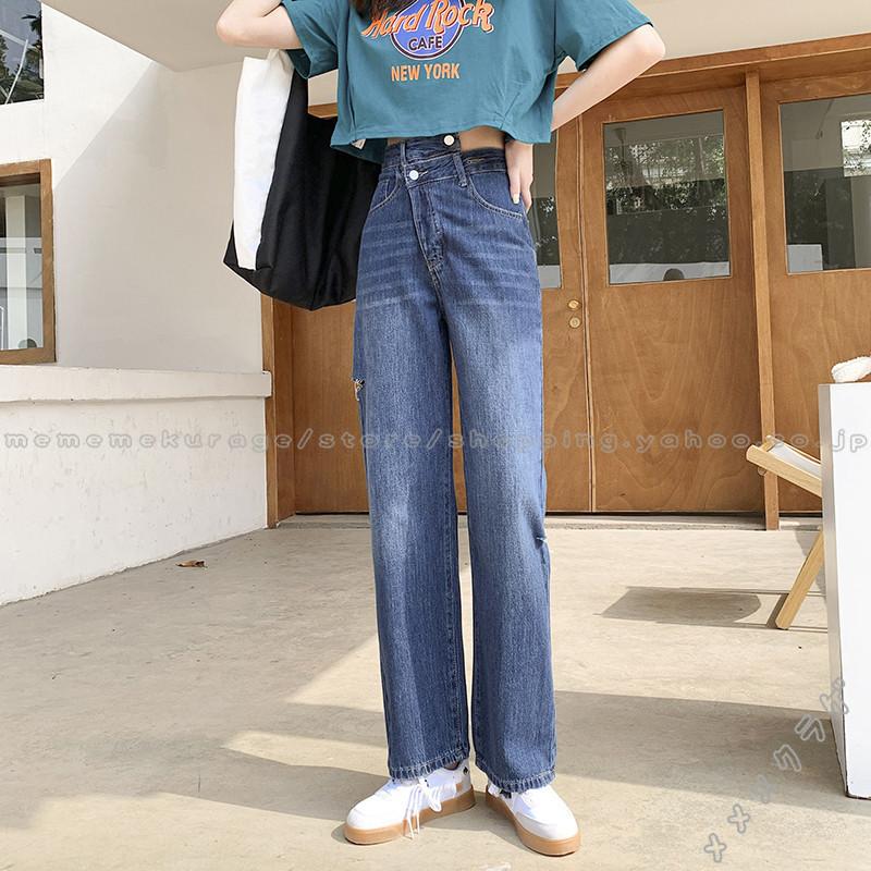 ストレートパンツ デニムパンツ レディース 春夏 ロング丈 ダメージデニムパンツ ハイウエスト 韓国風 おしゃれ 着痩せ きれいめ 無地 カジュアル 春夏新作