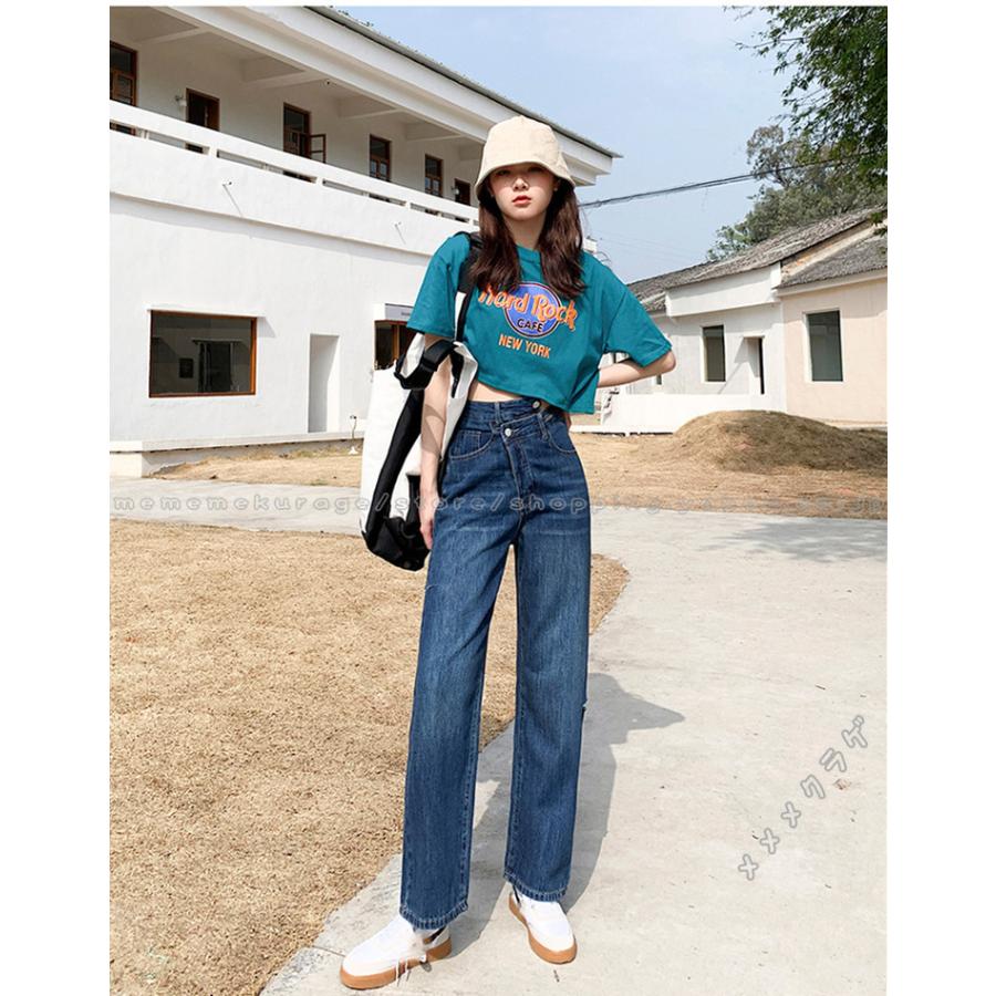 ストレートパンツ デニムパンツ レディース 春夏 ロング丈 ダメージデニムパンツ ハイウエスト 韓国風 おしゃれ 着痩せ きれいめ 無地 カジュアル 春 夏新作