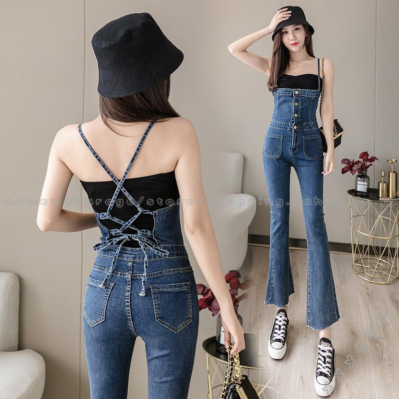 サロペット フレア レディース 春夏 オーバーオール デニムパンツ 九分丈 スキニー ボトムス 韓国風 オシャレ 細身 美脚ライン 着痩せ カジュアル きれいめ Rage メメメクラゲ 通販 Yahoo ショッピング