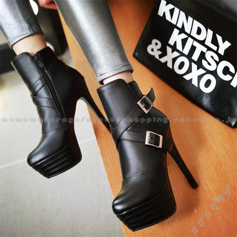 ブーティ 厚底 アンクルブーツ ショートブーツ レディース 無地 ローヒール ベルト飾り ハイヒール サイドジップ ラウンドトゥ 細いヒール 欧米風 秋冬 通勤