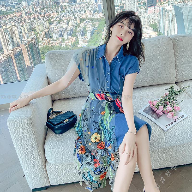 デニムワンピース ワンピース レディース 膝丈ワンピース 可愛い きれいめ ハイウエスト ゆったり 半袖ワンピース ２０２１新作 サマー 切り替え Ragehzj メメメクラゲ 通販 Yahoo ショッピング