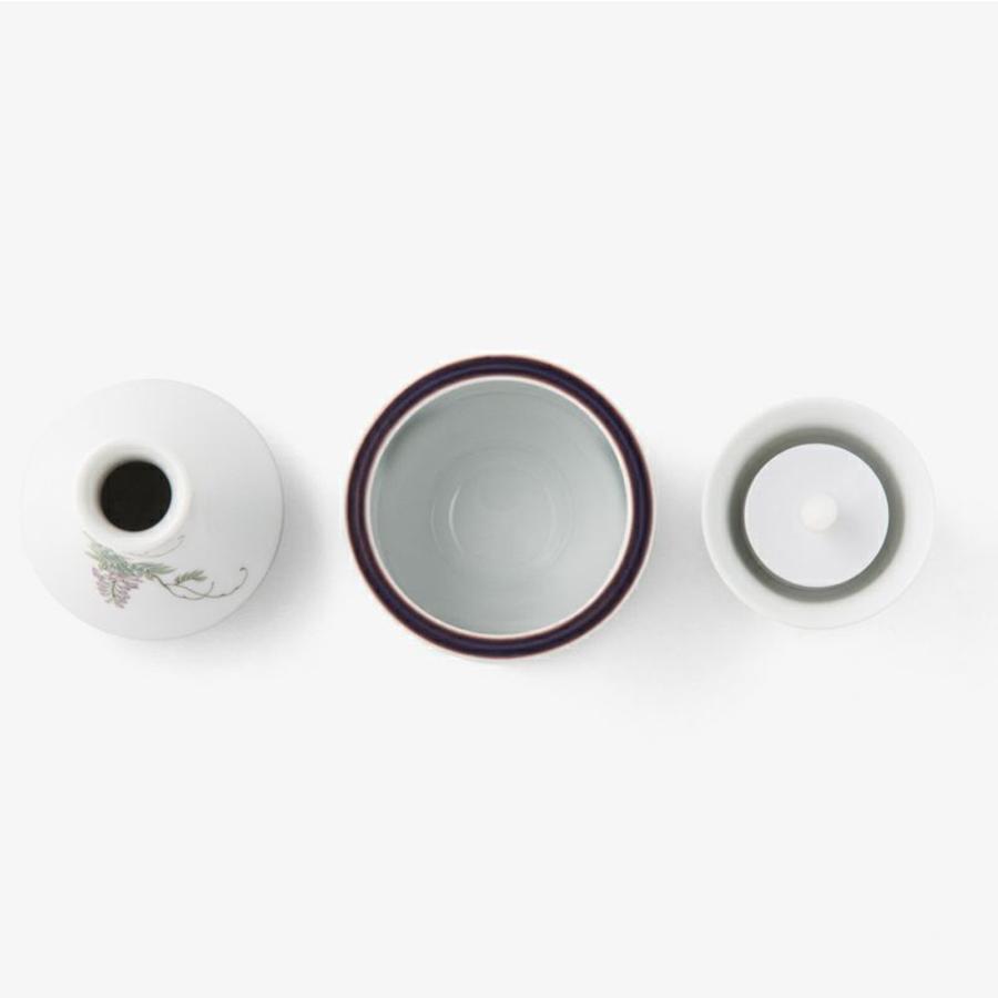 花生、線香立、ロウソク立の3具足がセットになった藤の花絵付けの３点セット 深川製磁製　三具足『柴藤』仏具３点セット |  | 03