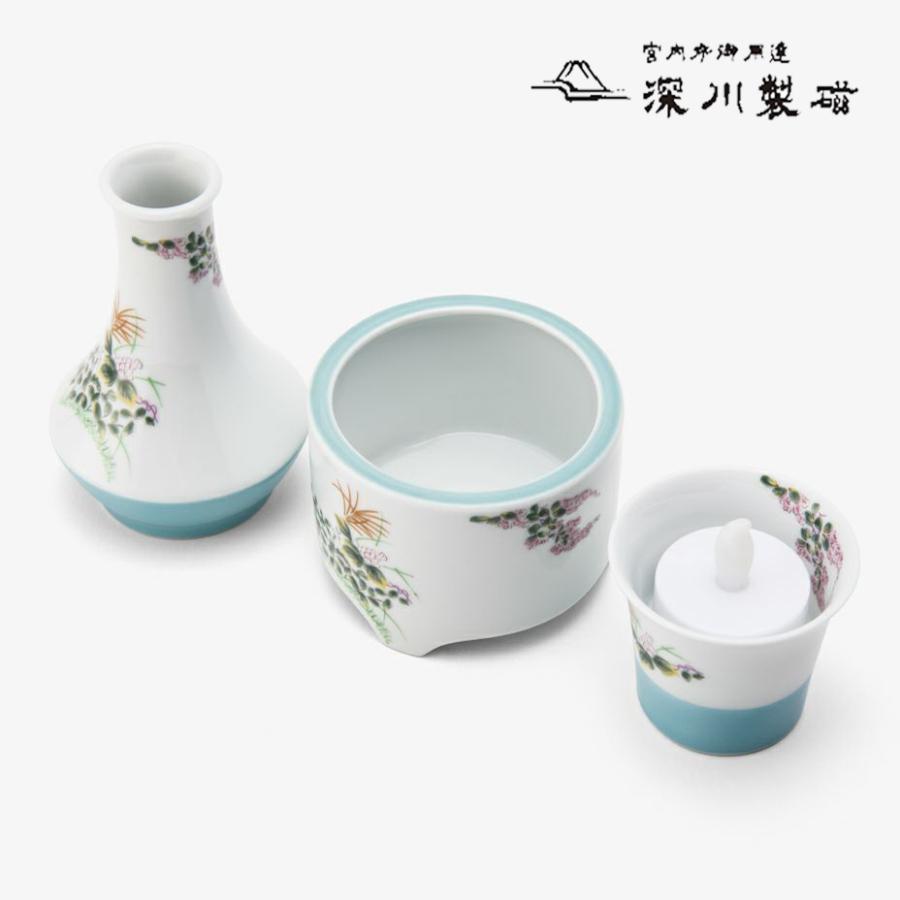 花生、線香立、ロウソク立の3具足がセットになった萩絵付けの３点セット 深川製磁製　三具足『萩花見』仏具３点セット | 深川製磁 | 02