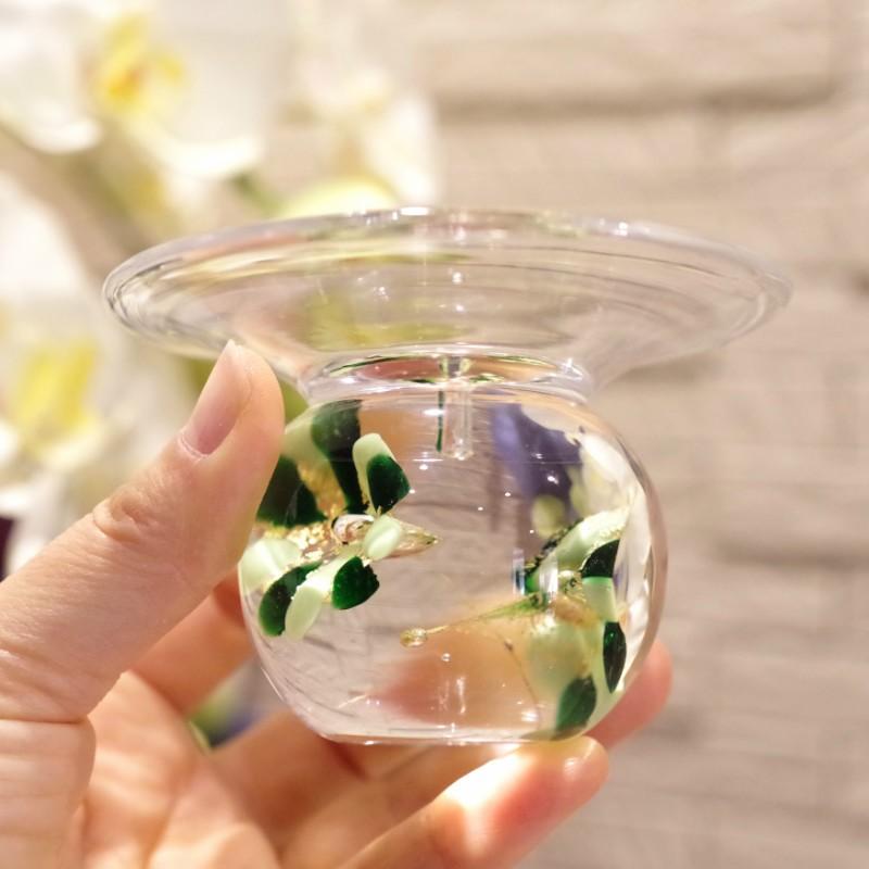 ガラスのお香たて 水中花 (グリーン）職人が一つひとつ吹きガラスで