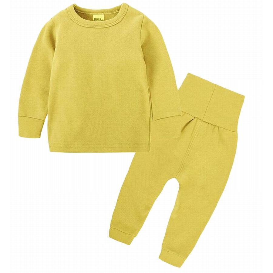 パジャマ セットアップ ハイウエスト ラウンドネック プルオーバー 腹巻き シンプル 無地 子供 長袖 長ズボン ベビー キッズ 男の子 女の子 秋 |  | 01