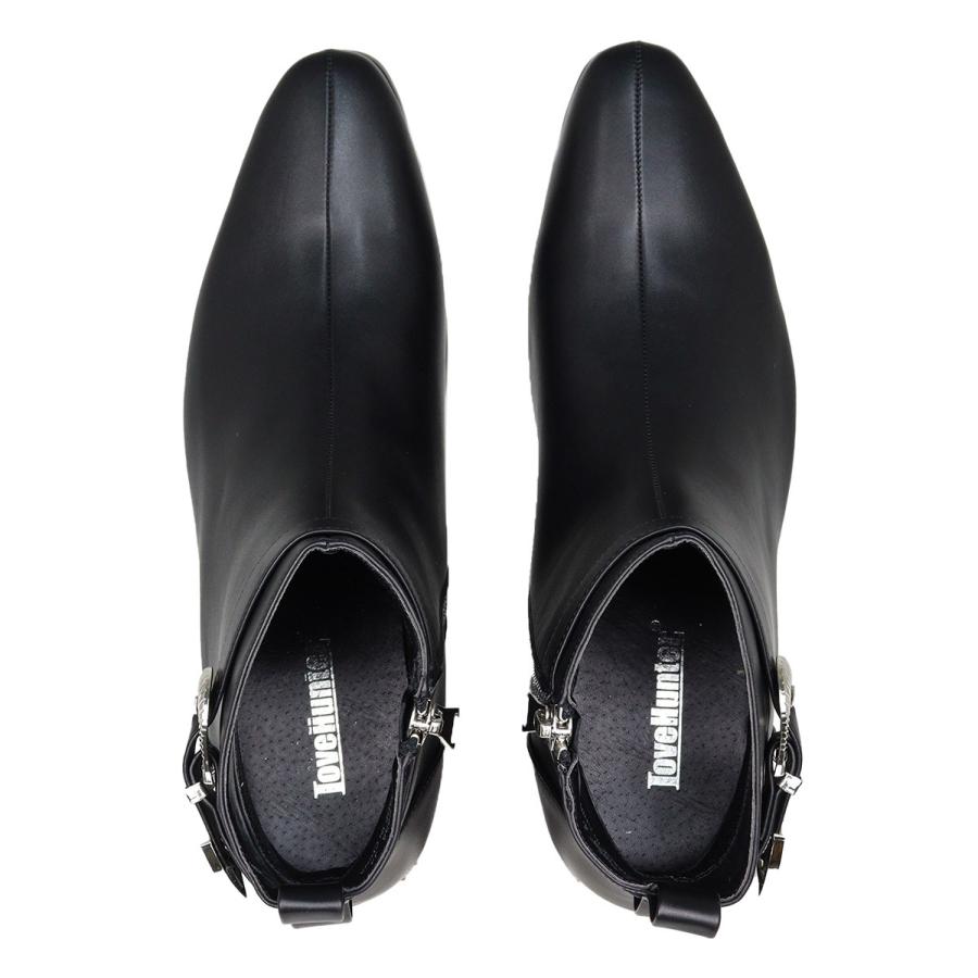 ブーツ メンズ 黒 ベルト ウエスタン サイドジップ 合成皮革 厚底 プレーントゥ 6.5cmヒール No.6835 LOVEHUNTER ラブハンター LOVEHUNTER（ラブハンター） ブーツ メンズ ヒール 6.5cm ウエスタン