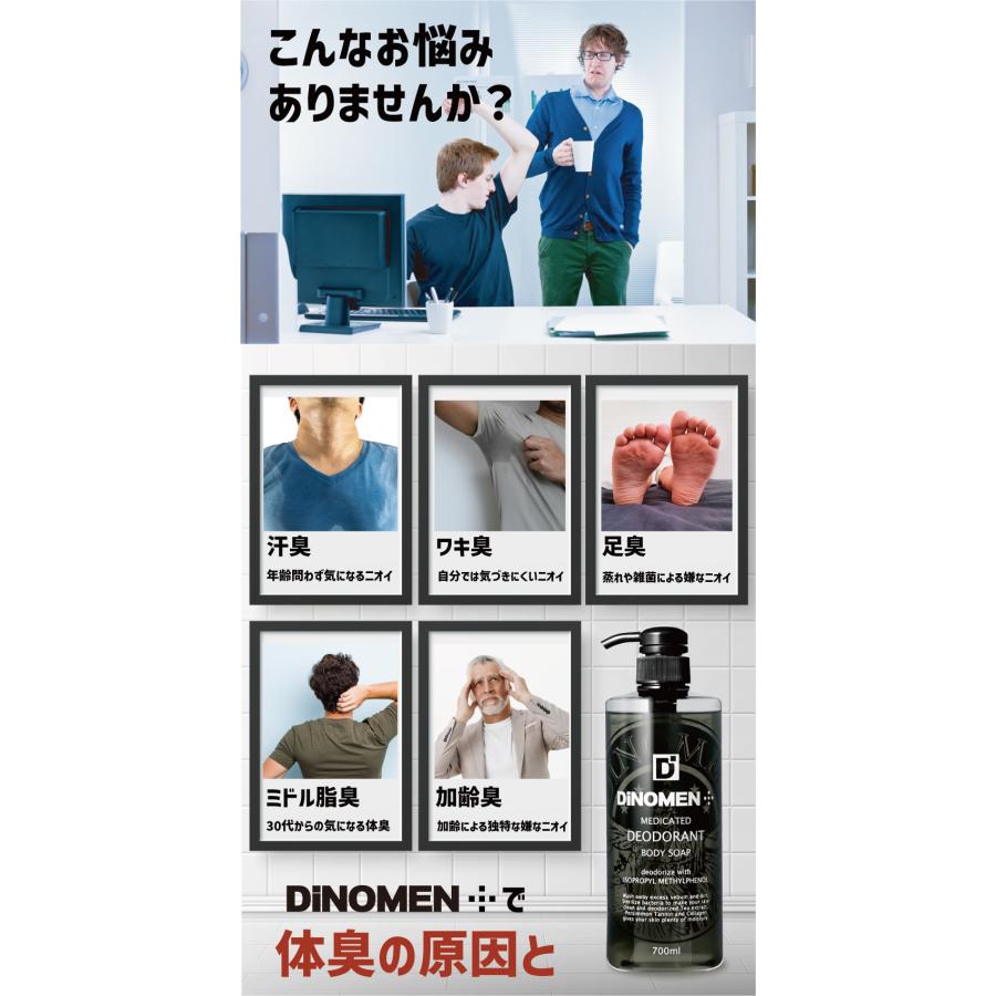 初回限定送料無料 ボディソープ メンズ お試し デオドラント DiNOMEN 薬用 700ml 殺菌 体臭 脇臭 加齢臭 汗臭 ミドル脂臭 柿渋 カキタンニン タオル付 父の日｜menscosme｜09