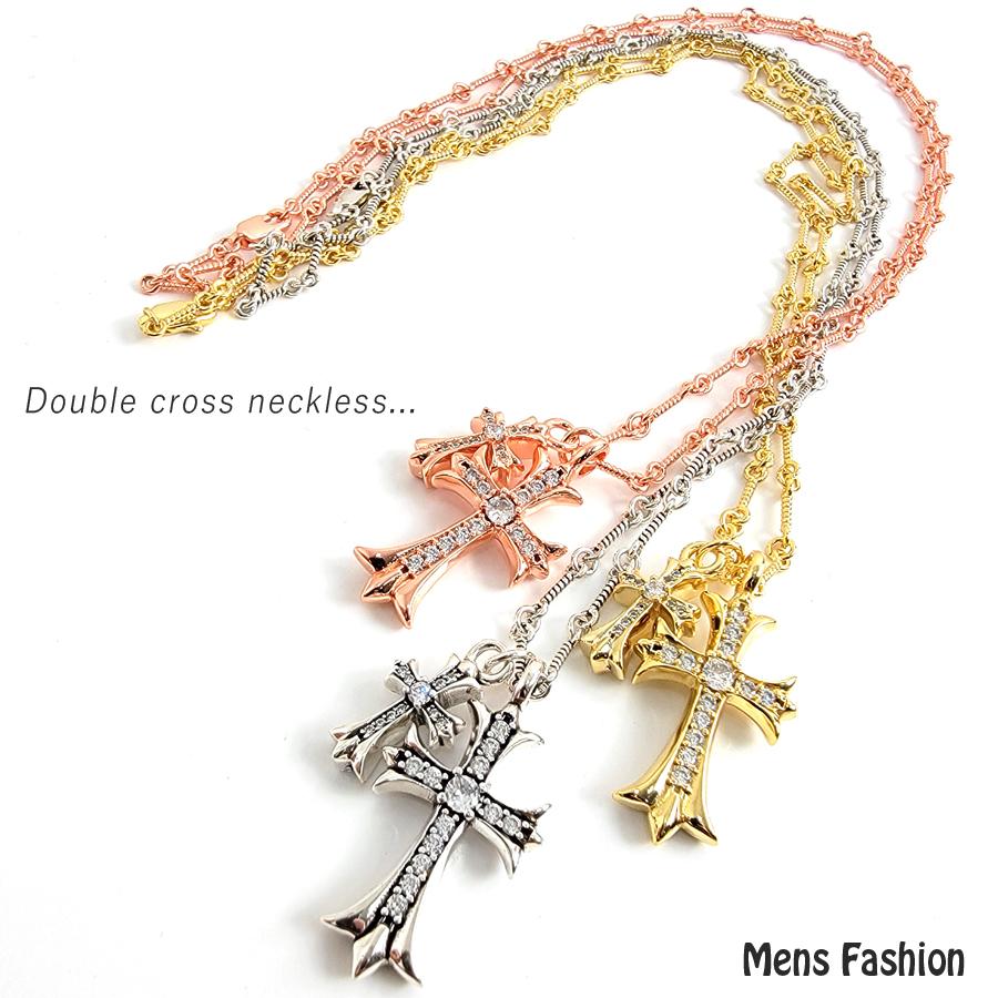 ジルコニア入り ダブルクロスチャーム ネックレス メンズ レディース
