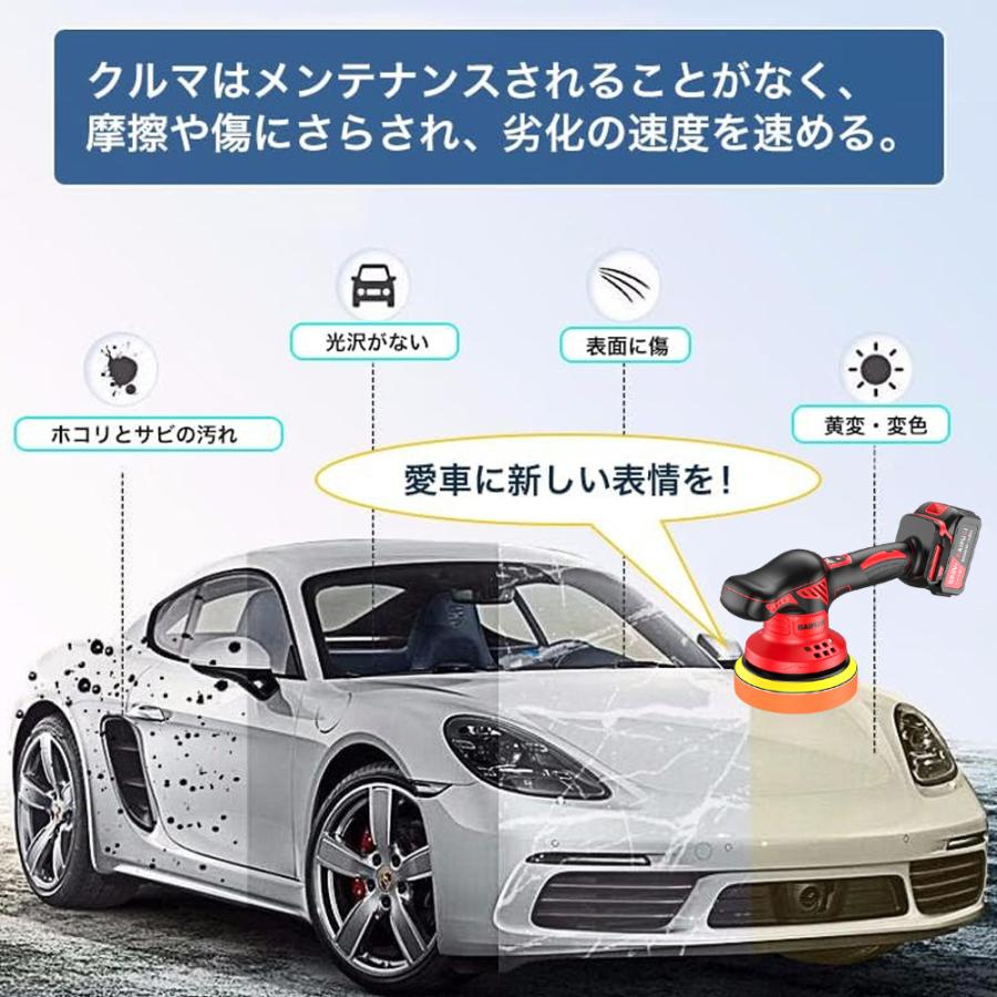 ポリッシャー 車 150mmバフ 電動 充電式ポリッシャー 8段階変速 車磨き サンドペーパー 大容量バッテリ一 残量表示 研磨機 洗車 車磨き 鏡面磨き 傷消し 家庭用 |  | 14