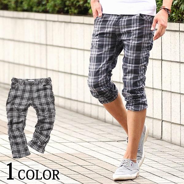 パンツ メンズ クロップド ボトムス チェック ズボン シワ加工チェッククロップドパンツ おしゃれ 30代 40代 メンズスタイル Apaproduction Fr