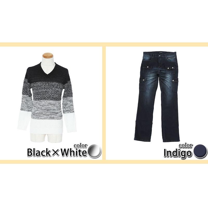 コーデセット メンズ 40代 50代 冬 秋 服 マネキン買い 男性 ニット セーター vネック 黒 白 ブーツカット デニム パンツ ジーパン メンズファッション コーデ_2