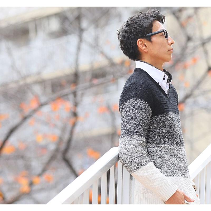 コーデセット メンズ 40代 50代 冬 秋 服 マネキン買い 男性 ニット セーター vネック 黒 白 ブーツカット デニム パンツ ジーパン メンズファッション コーデ_3