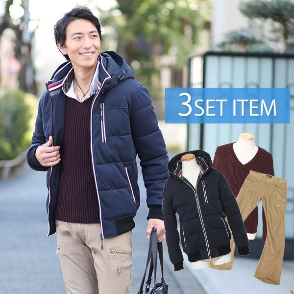 コーデセット メンズ 40代 50代 冬 秋 服 マネキン買い 男性 中綿 ジャケット コート ロンt tシャツ ニットソー ブーツカット パンツ メンズファッション コーデ