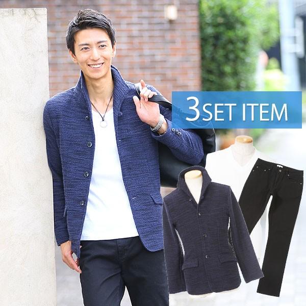 のオシャレな ジャケットセット メンズ テーラードジャケット Tシャツ 黒パンツ 3点コーデセット 40 正規品 Testing Decorporate Ca