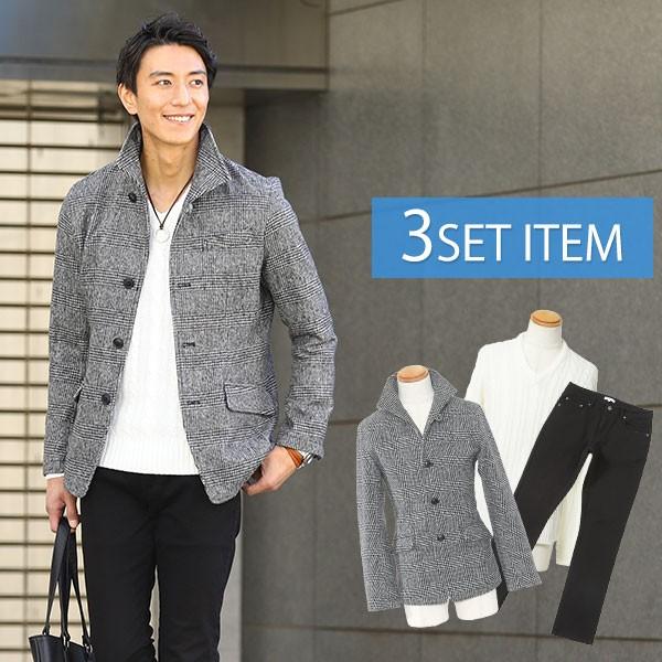 ファッション 森の雑貨屋さん 送料無料 ジャケットセット メンズ グレンチェックジャケット 白ニット 黒パンツ 3点コーデセット 41 Iabos7jdau Boulevardrestaurants Com