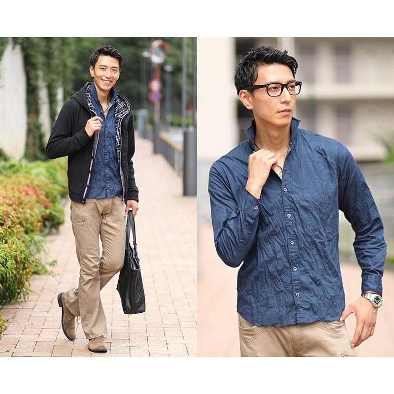 シャツ メンズ 長袖 ホリゾンタイルカラー ムラ染め シワ加工 日本製