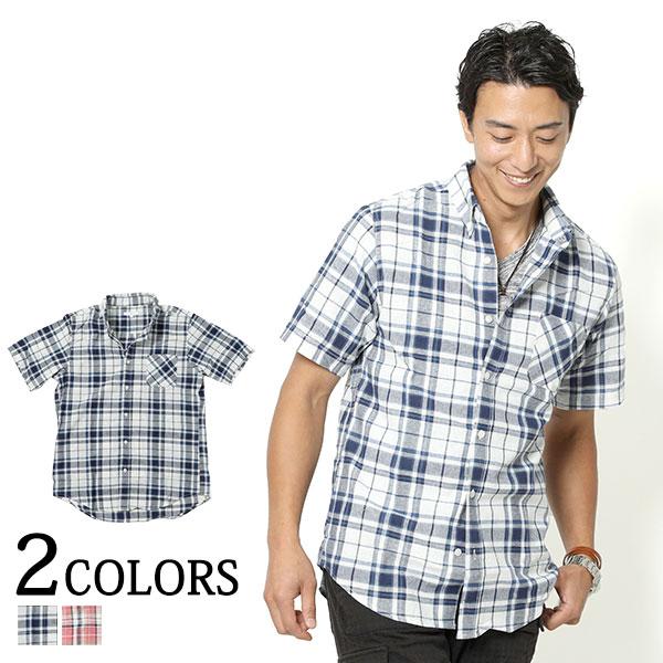オンライン限定商品 メンズ シャツ 綿麻素材チェックデザインボタンダウン半袖シャツ チェックシャツ 半袖 トップス