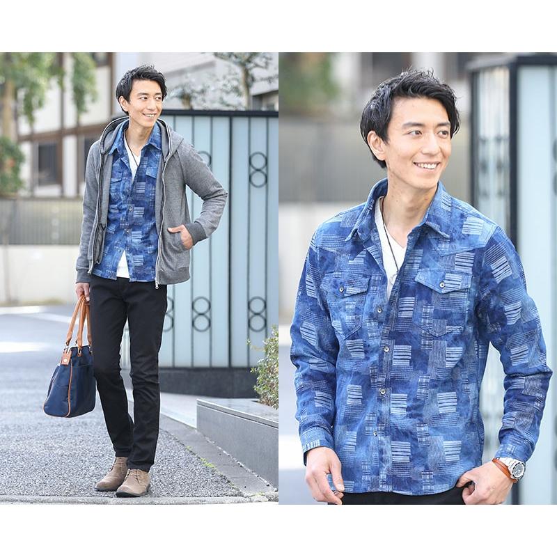 デニムシャツ メンズ シャツ デニム 長袖 パッチワークデザイン デニムシャツ メンズ シャツ デニム 長袖 パッチワークデザイン