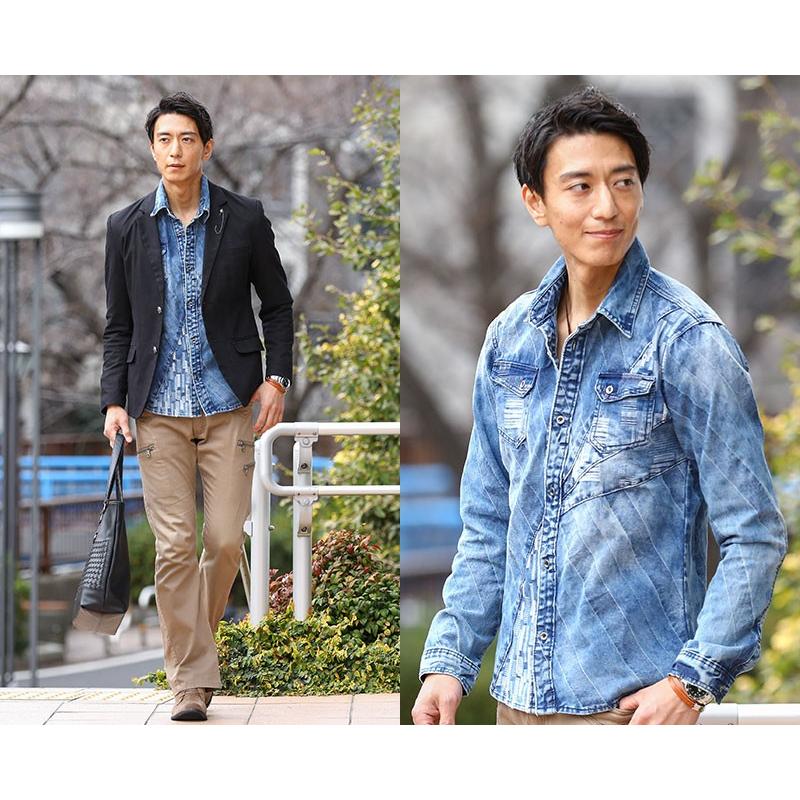 デニムシャツ メンズ シャツ デニム 長袖 配色切替えデザイン デニムシャツ メンズ シャツ デニム 長袖 配色切替えデザイン