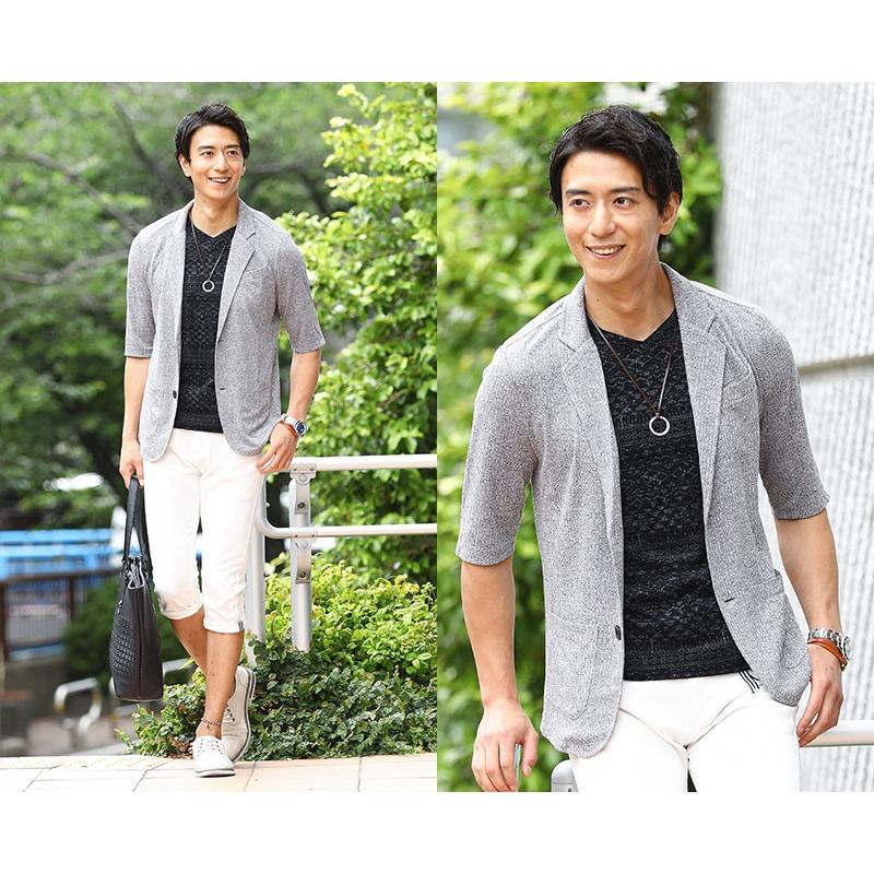 テーラードジャケット メンズ カーディガン アウター トップス 半袖 5分袖 無地 テレコ編みストレッチ5分袖ニットテーラードジャケット 79 2 1664 Menz Style 通販 Yahoo ショッピング