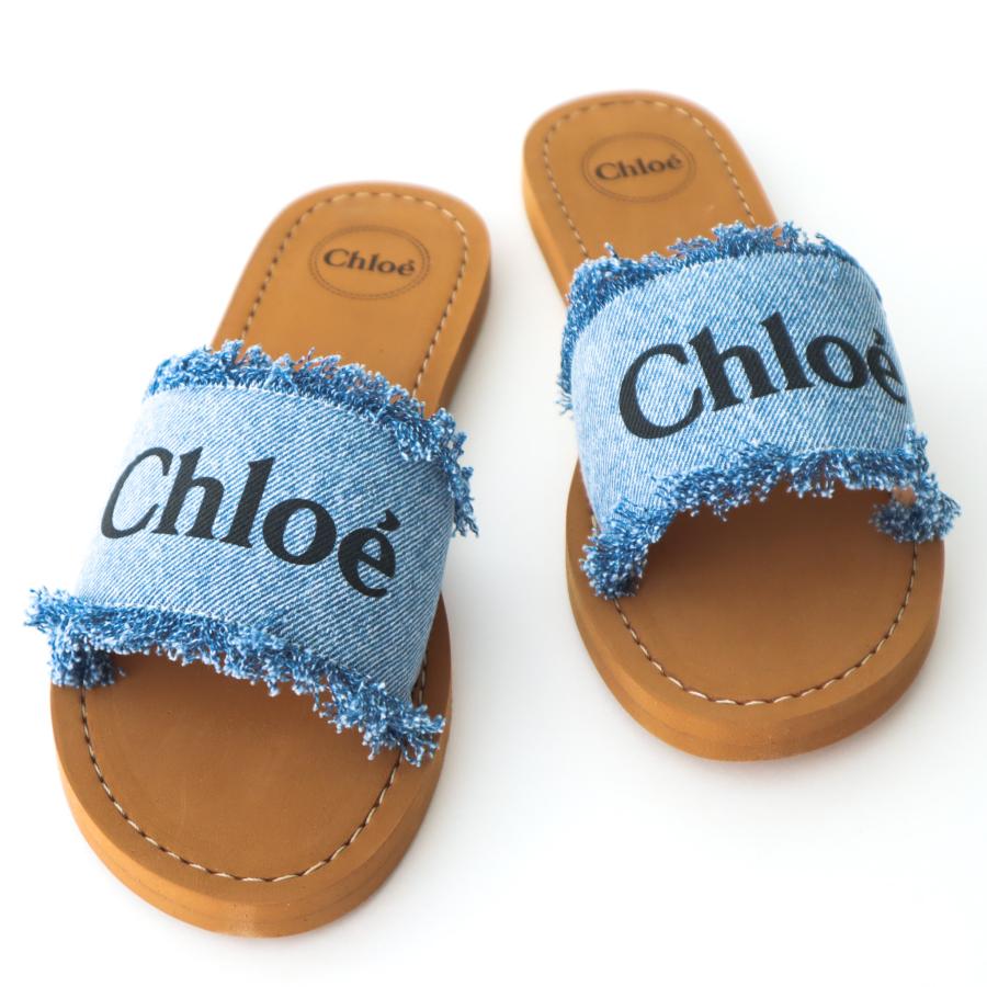 CHLOE クロエ フリンジ付きサンダル ロゴ C19175 キッズサンダル 大人もOK DENIM BLUE デニムブルー PINK WASHED  ピンク