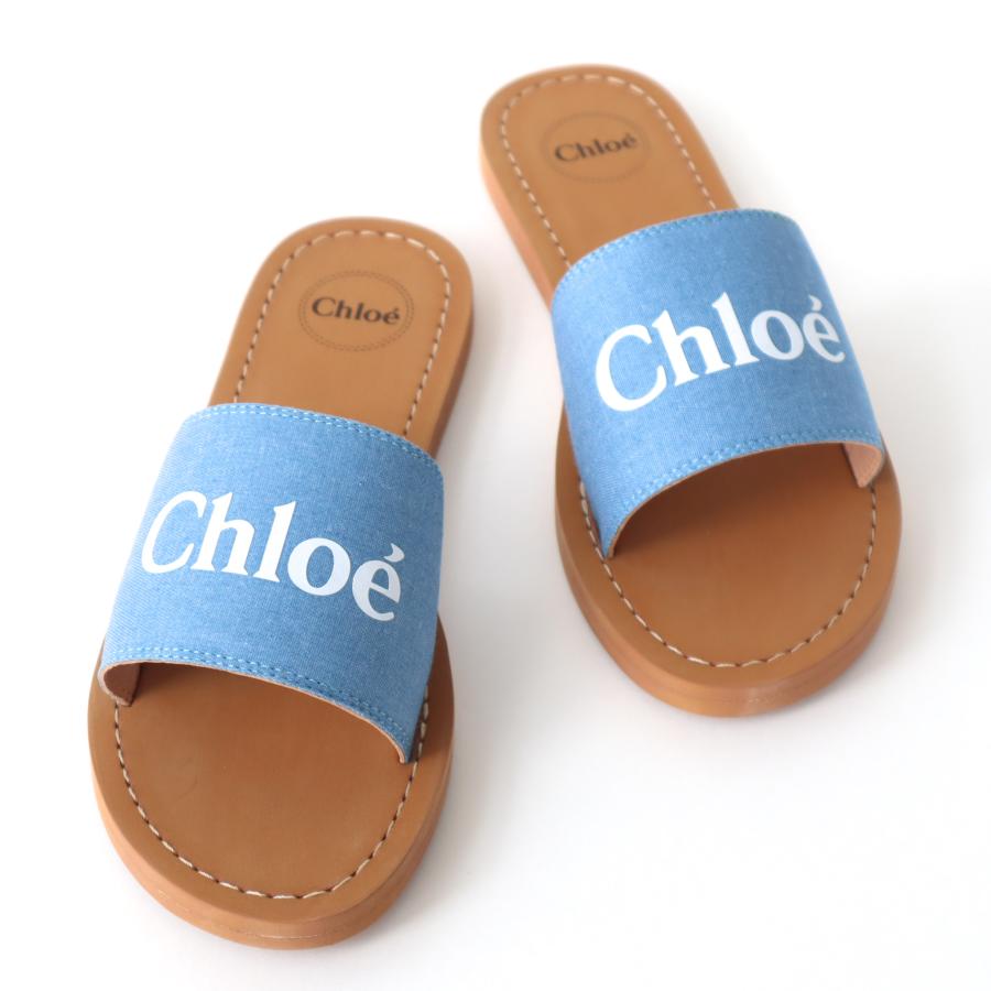 Chloe クロエ CHLOE サンダル キッズ デニムキャンバス ブルー ロゴ 