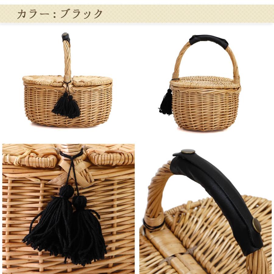 タッセル＆レザーハンドル フタ付きかごバッグ 柳 ウィロー 天然素材
