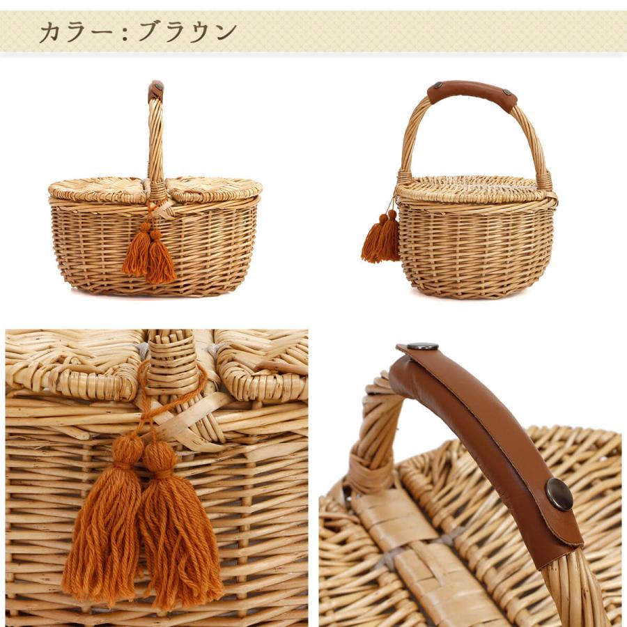 タッセル＆レザーハンドル フタ付きかごバッグ 柳 ウィロー 天然素材