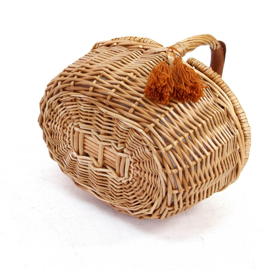 タッセル＆レザーハンドル フタ付きかごバッグ 柳 ウィロー 天然素材