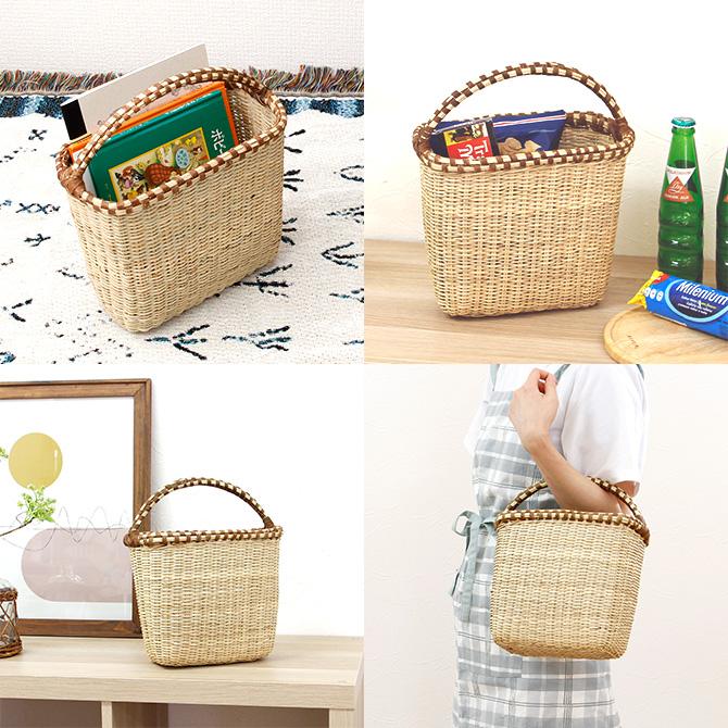 アチョリバスケット四角底 取手付 小/ワンハンドル 1本手 かご