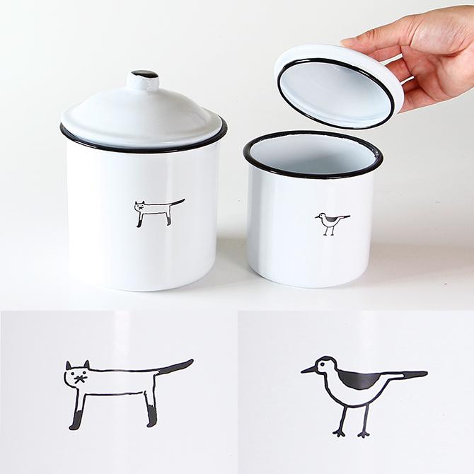 ホーロー ねこ&とり キャニスター 2個セット/ 保存容器 フタ ホーロー ねこ&とり キャニスター 2個セット/ 保存容器 フタ