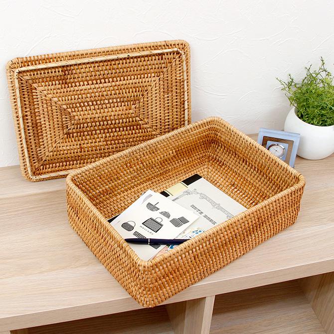 ベトナムラタン製 アジアン 収納 フタ付きバスケット かご/カラー