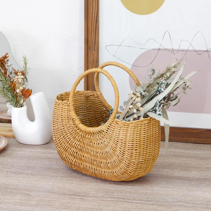 ラタン リングハンドル かごバッグ M/籐 リボン 半月型 ハンドバッグ