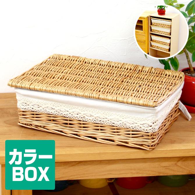 カラーボックス対応外せる内布 ウィロー製フタ付き浅型バスケット かご