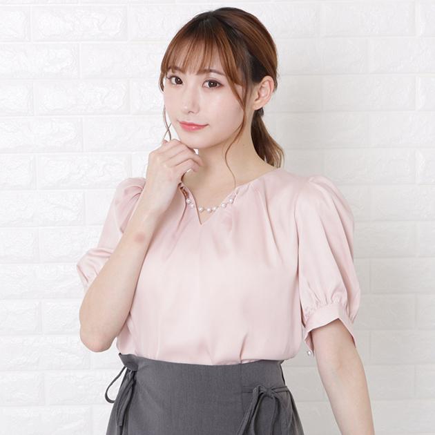 Lace Ladies パールチェーン Vネック 半袖 ブラウス トップス