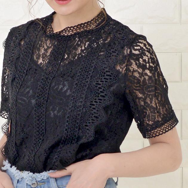 Lace Ladies 立ち襟 レース 半袖 ブラウス シャツ ホワイト
