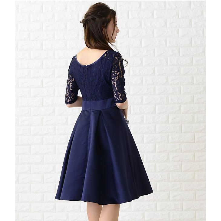 Lace Ladies リボン付き フレアワンピース レースドレス