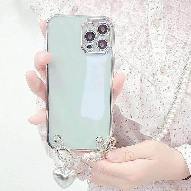 iPhoneアクセサリー iPhone14 Lace Ladies パールチェーンストラップ TPU クリア メタルフレーム